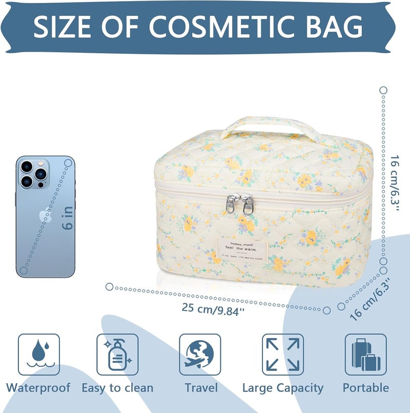 Gosect Large Makeup Bag, Cute Cosmetic Bag for Women Girls, Floral Coquette Aesthetic Toiletry Bag, Travel Make Up Organizer Bag (Yellow Flowers) - Image 2